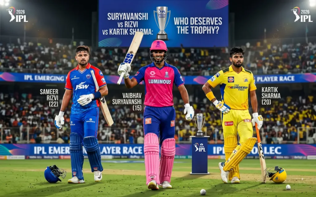 A feature graphic for IPL 2026 Emerging Player of the Season contenders showing Sameer Rizvi in Delhi Capitals jersey, Vaibhav Suryavanshi in Rajasthan Royals pink, and Kartik Sharma in Chennai Super Kings yellow on a cricket stadium field.