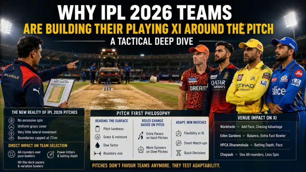 Tactical analysis of IPL 2026 pitch mandates showing how teams like SRH and RCB adapt their playing XI based on surface conditions and boundary sizes.