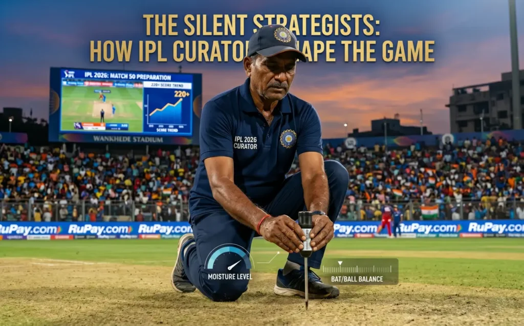 A professional pitch curator inspecting the grass and boundaries at an IPL venue