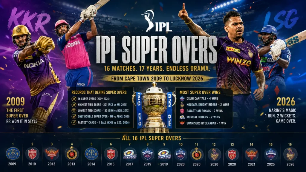 IPL Super Over history feature image showing dramatic cricket moments from 2009 to 2026 including KKR vs LSG 2026 Super Over and Sunil Narine celebration