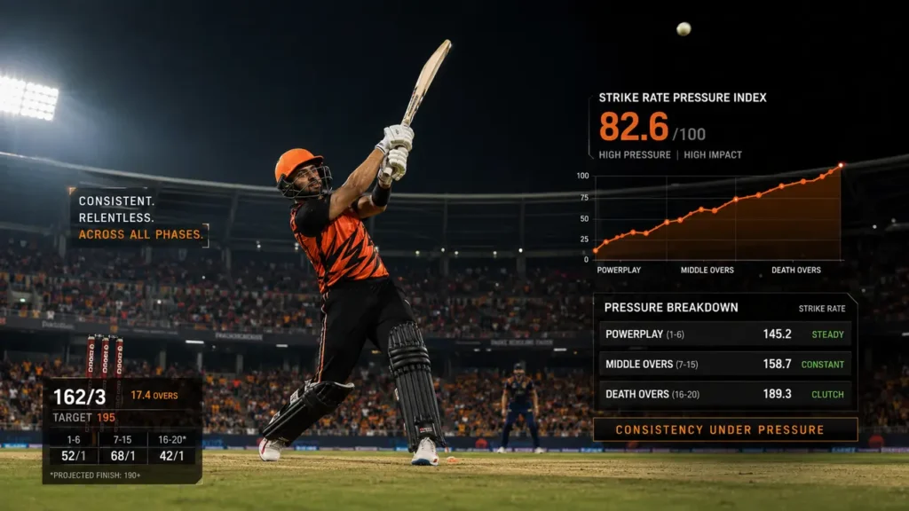 Graph displaying top IPL 2026 batters across powerplay, middle, and death overs ranked by pressure efficiency.