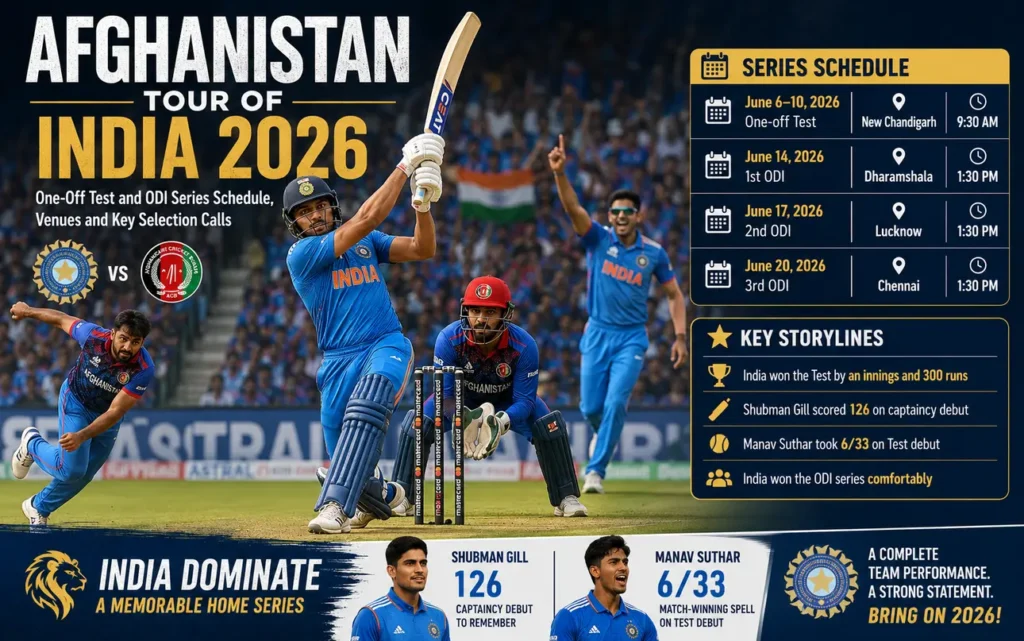 Afghanistan Tour of India 2026 featuring the one off Test and ODI series schedule with Indian and Afghanistan cricketers in action