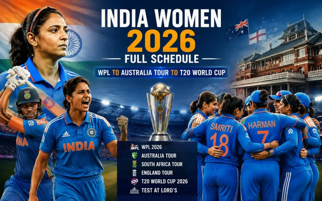 India Women cricket team 2026 schedule featuring WPL, Australia tour, T20 World Cup campaign and historic Lord's Test match