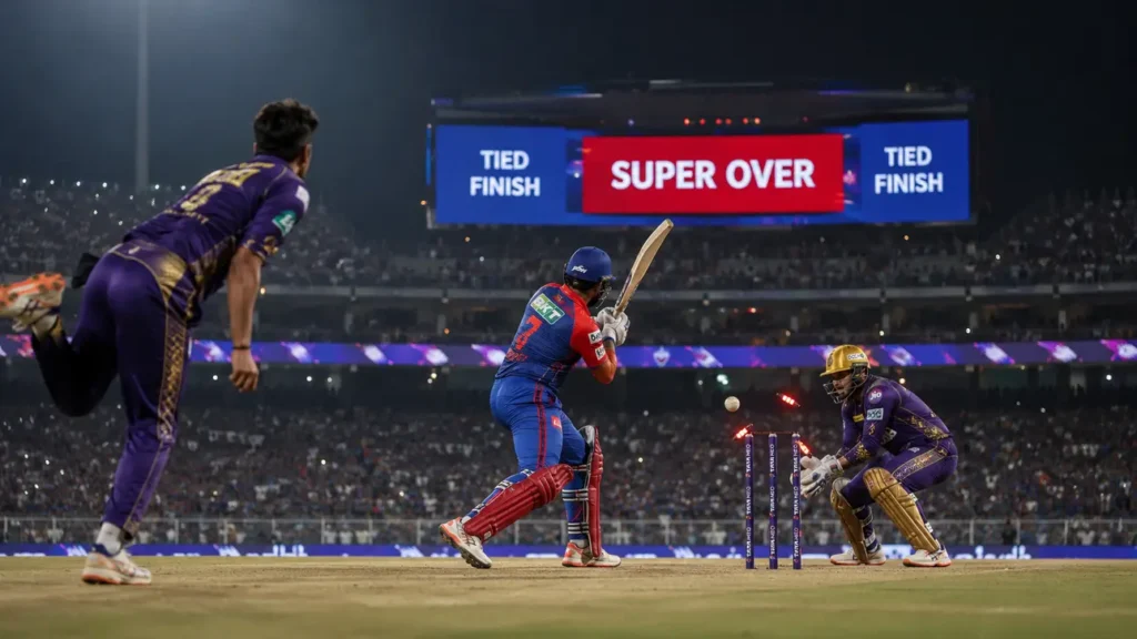 Every IPL Tie That Went to a Super Over and the Moments That Made Cricket History Dramatic IPL Super Over moment in a packed cricket stadium showing tied match pressure and historic cricket finish