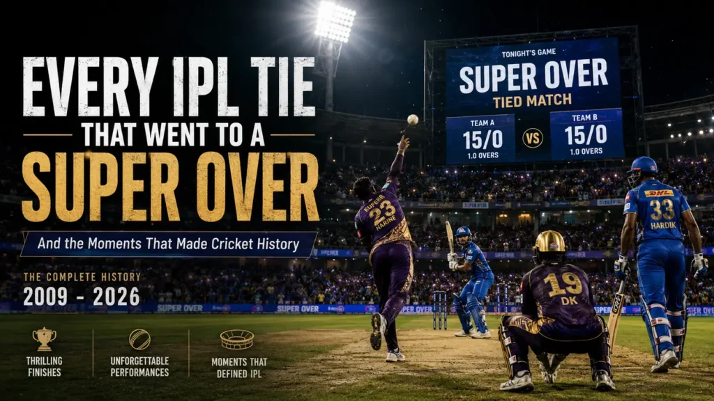 IPL Super Over tied match history from 2009 to 2026 showing bowler, batter and wicketkeeper behind the stumps in a dramatic cricket stadium
