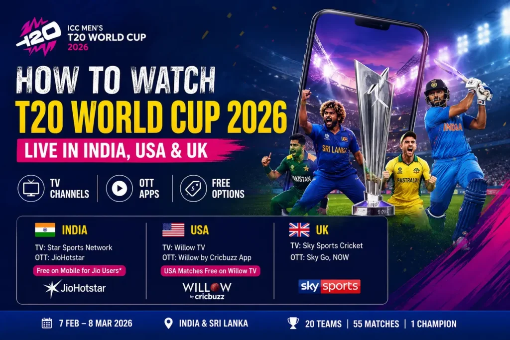 T20 World Cup 2026 live streaming guide for India USA and UK with OTT apps TV channels and free viewing options