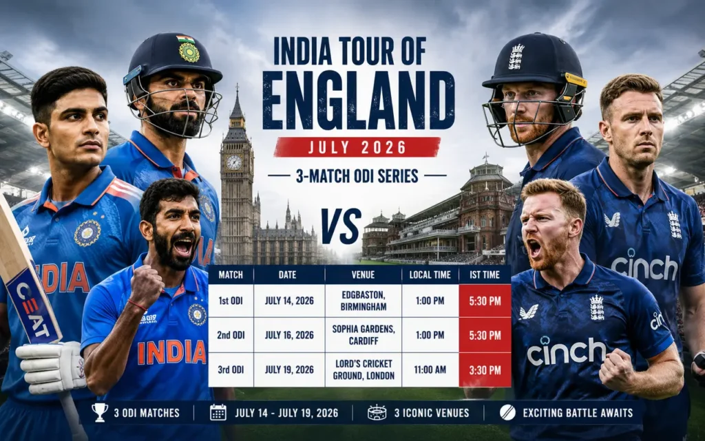 India vs England ODI Series 2026 will test Shubman Gill's leadership as India face England in a three-match ODI series across Edgbaston, Cardiff, and Lord's.