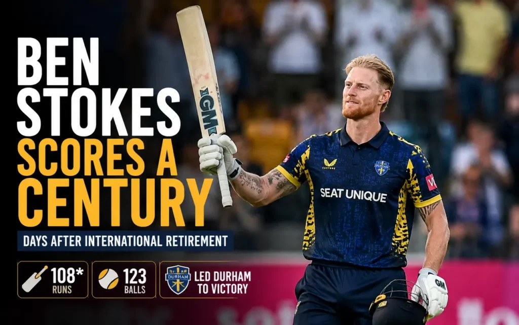 Ben Stokes Scores a Century Days After International Retirement Ben Stokes celebrates his unbeaten century for Durham in the One-Day Cup after retiring from international cricket, leading his team to a memorable run chase despite battling cramp.