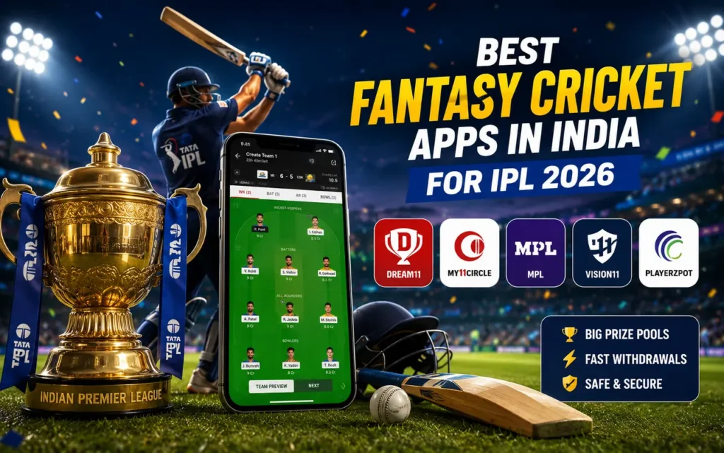 Best Fantasy Cricket Apps in India Compared for the 2026 T20 World Cup Season Best fantasy cricket apps in India compared for T20 World Cup 2026 featuring Dream11, My11Circle, MPL, and other cricket fantasy platforms with IPL-style stadium background.