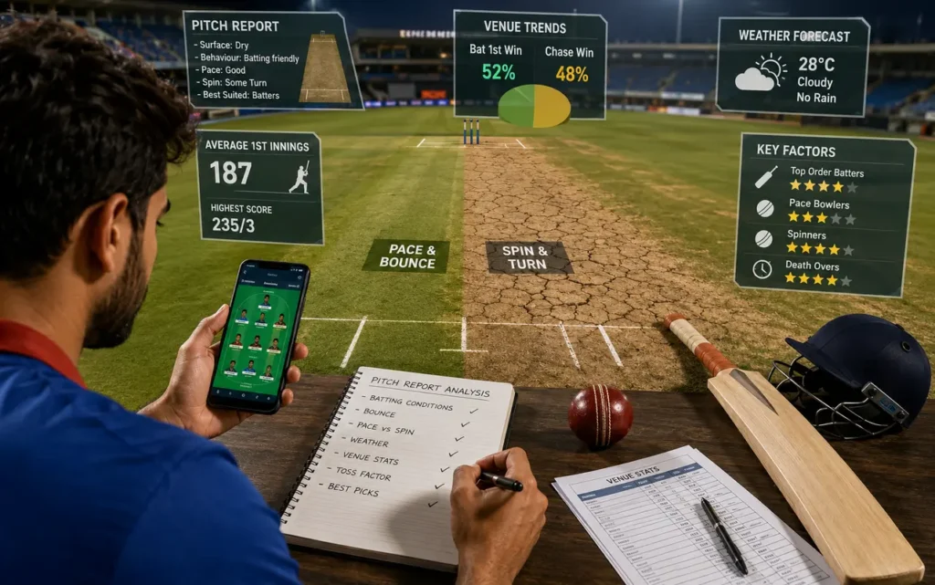Fantasy cricket player analysing an IPL-style cricket pitch report and venue conditions before selecting a fantasy team for a T20 match in a professional cricket stadium.