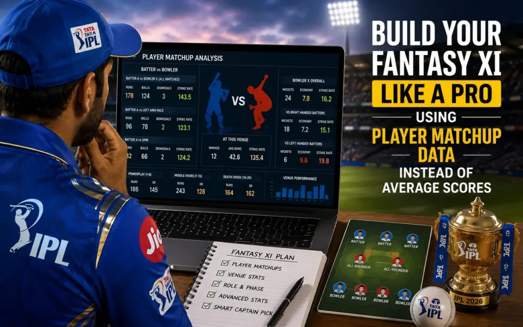 Fantasy cricket player analyzing IPL 2026 matchup data, player statistics, pitch conditions, and fantasy XI strategy to build a winning team using advanced cricket analytics.