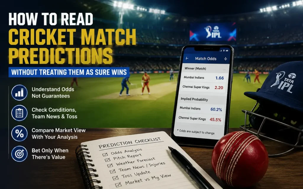 Cricket match prediction guide showing IPL-style stadium, match odds, implied probability, and prediction checklist to help readers understand cricket betting odds and make informed match analysis.