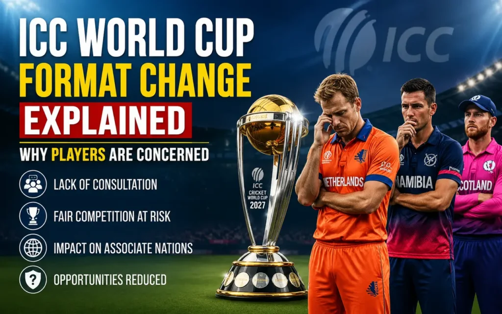 Feature image showing the ICC Cricket World Cup trophy with international cricketers highlighting concerns over the 2027 ODI World Cup format change, Super Series, and reduced opportunities for associate nations.