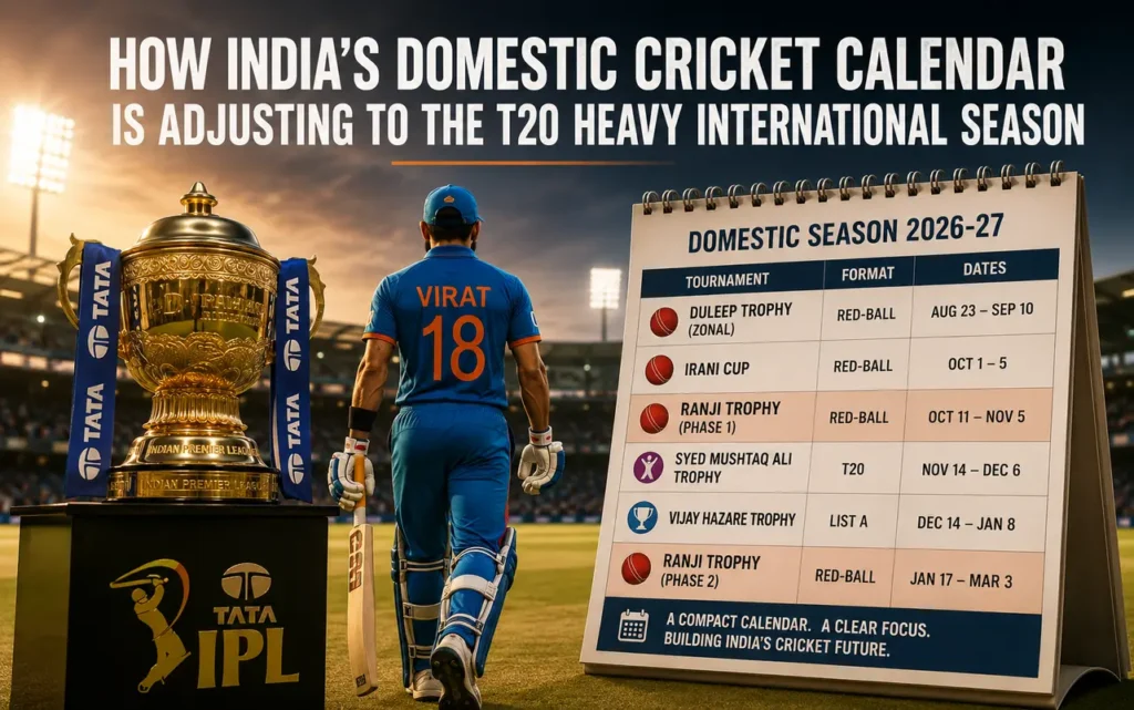 Illustration of India's 2026-27 domestic cricket calendar showing the Ranji Trophy, Syed Mushtaq Ali Trophy, Vijay Hazare Trophy and IPL scheduling changes due to the T20-heavy international season.