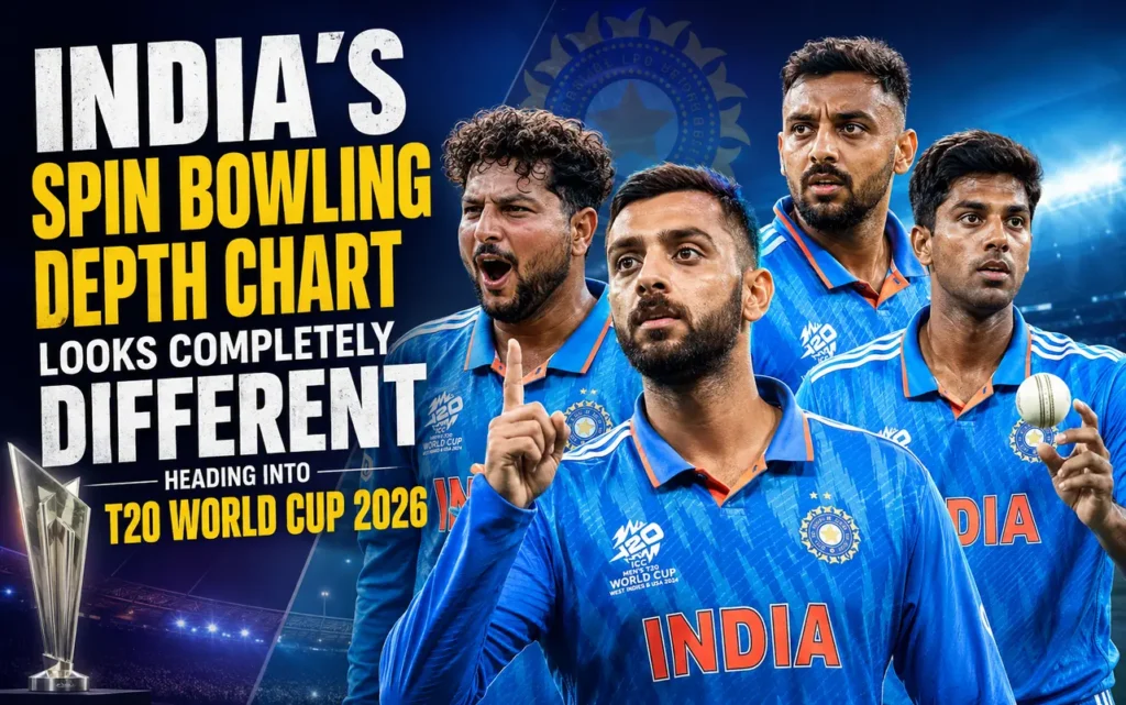 India's T20 World Cup 2026 spin bowling attack featuring Varun Chakravarthy, Kuldeep Yadav, Axar Patel and Washington Sundar, highlighting India's new wicket-taking spin strategy.