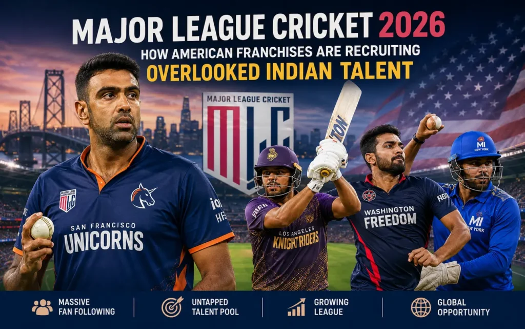 Major League Cricket 2026 feature image showing American franchises recruiting overlooked Indian cricket talent, highlighting the growing influence of Indian players in US franchise cricket.