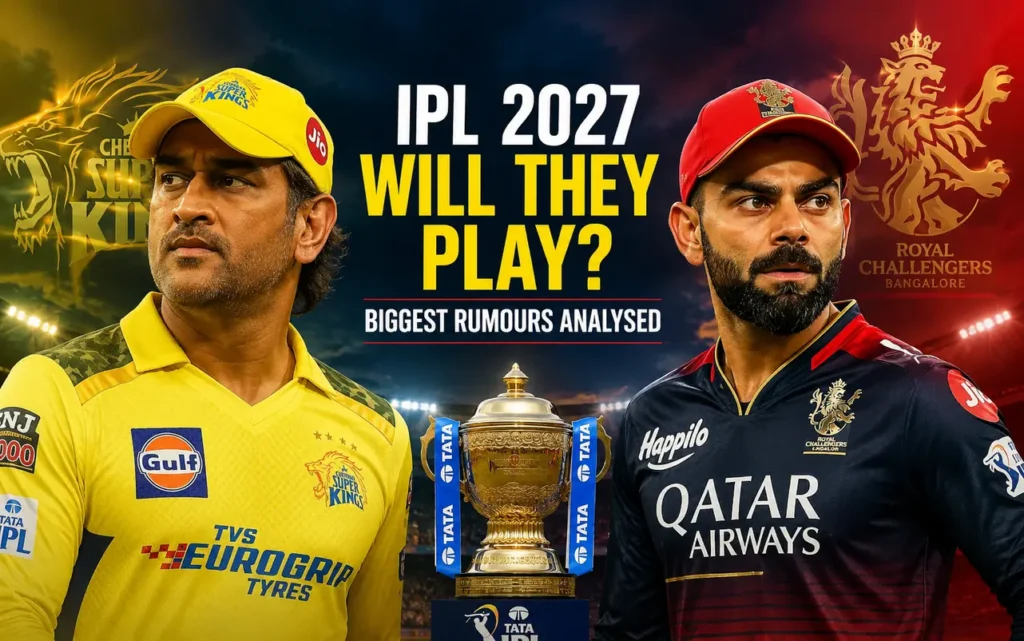 MS Dhoni and Virat Kohli with the IPL trophy as the 2027 IPL return rumours grow, highlighting speculation over whether the CSK and RCB legends will play next season.
