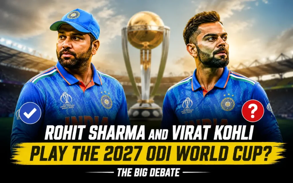 Rohit Sharma and Virat Kohli with the ICC ODI World Cup trophy representing India's 2027 ODI World Cup selection debate based on form, fitness, and experience.
