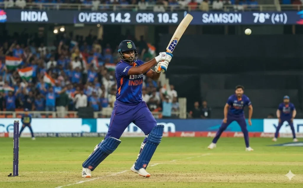Sanju Samson showcasing his new batting approach with a powerful attacking shot during the T20 World Cup, highlighting improved technique, balance, and controlled aggression.