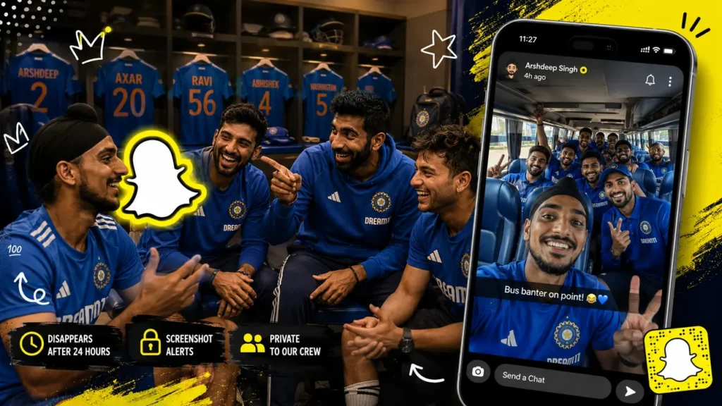 Indian cricket players sharing Snapchat moments in a dressing room illustrating why Snapchat became the team's private digital hangout in 2026.