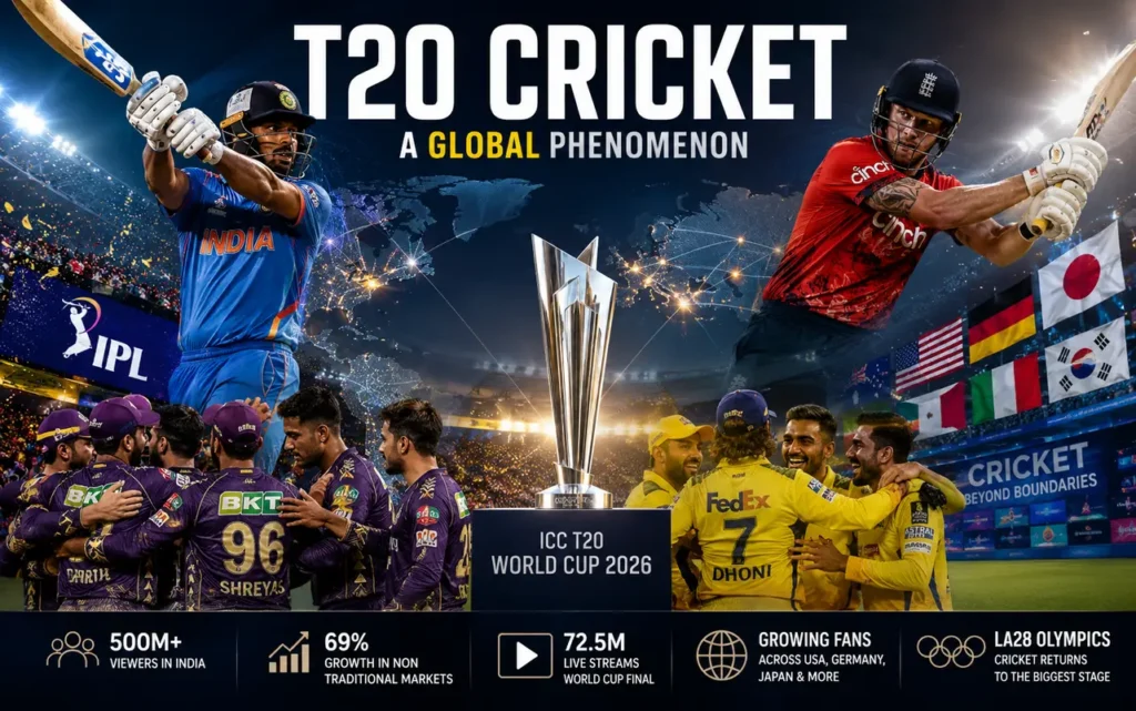 T20 cricket players competing in a packed stadium, highlighting the global rise of cricket across non-traditional markets such as the USA, Germany, Japan, and Italy alongside IPL-inspired action.