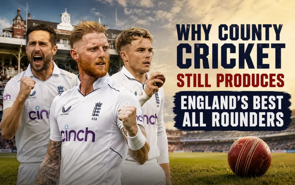 England all-rounders playing county cricket during a first-class match, highlighting how the County Championship develops batting, bowling, and match-winning skills for international cricket.