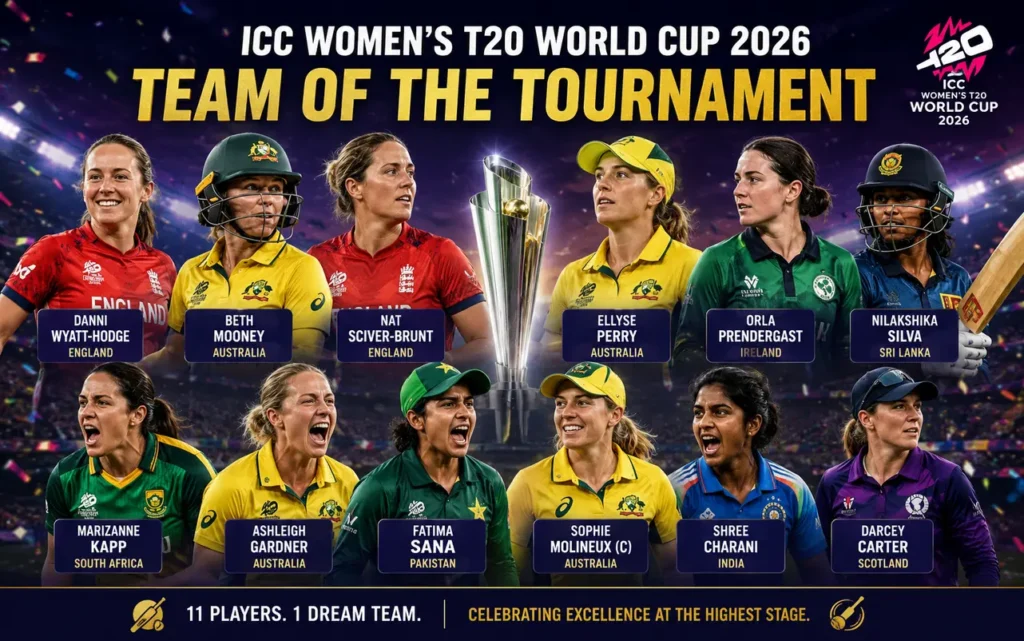 ICC Women's T20 World Cup 2026 Team of the Tournament featuring Beth Mooney, Ellyse Perry, Sophie Molineux, Shree Charani, Danni Wyatt-Hodge and other standout players selected in the official tournament XI.