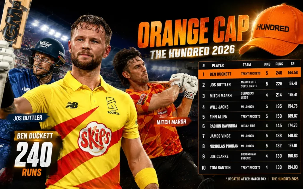 Ben Duckett leads The Hundred 2026 Orange Cap race ahead of Jos Buttler and Mitch Marsh in the latest run scorers standings.