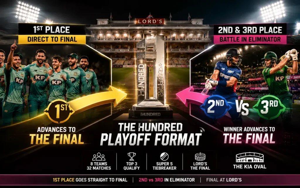 The Hundred playoff format showing direct Final qualification for first place and the Eliminator between second and third-placed teams.